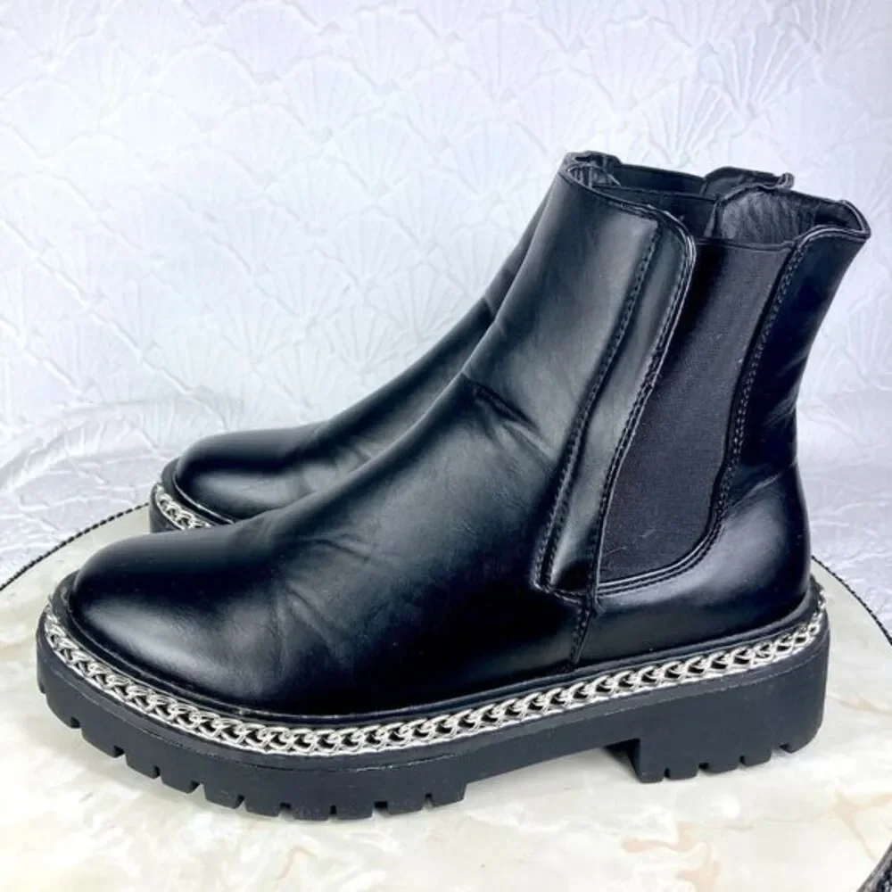 ASOS Chunky Chelsea Boots Womens 7 Black Truffle‎ Collection Faux Leather Chain